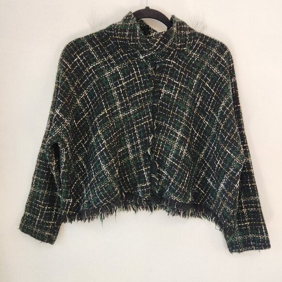Zara Tweed Sweater Black Green Poncho Cape Crop Irish Women's S - Picture 1 of 5
